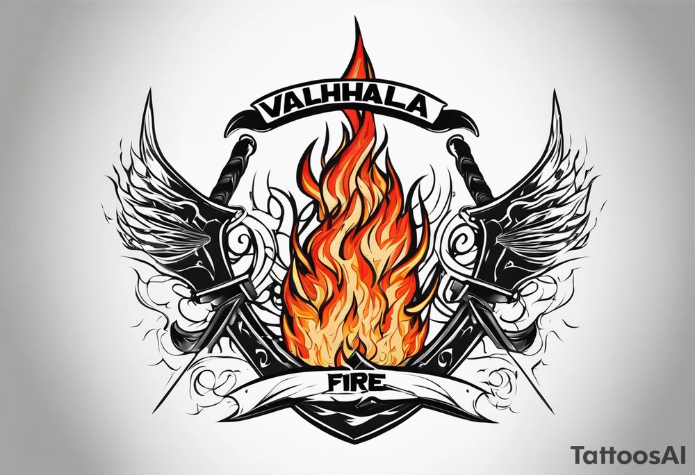Valhalla on fire
flames sword shield barb wire tattoo idea
