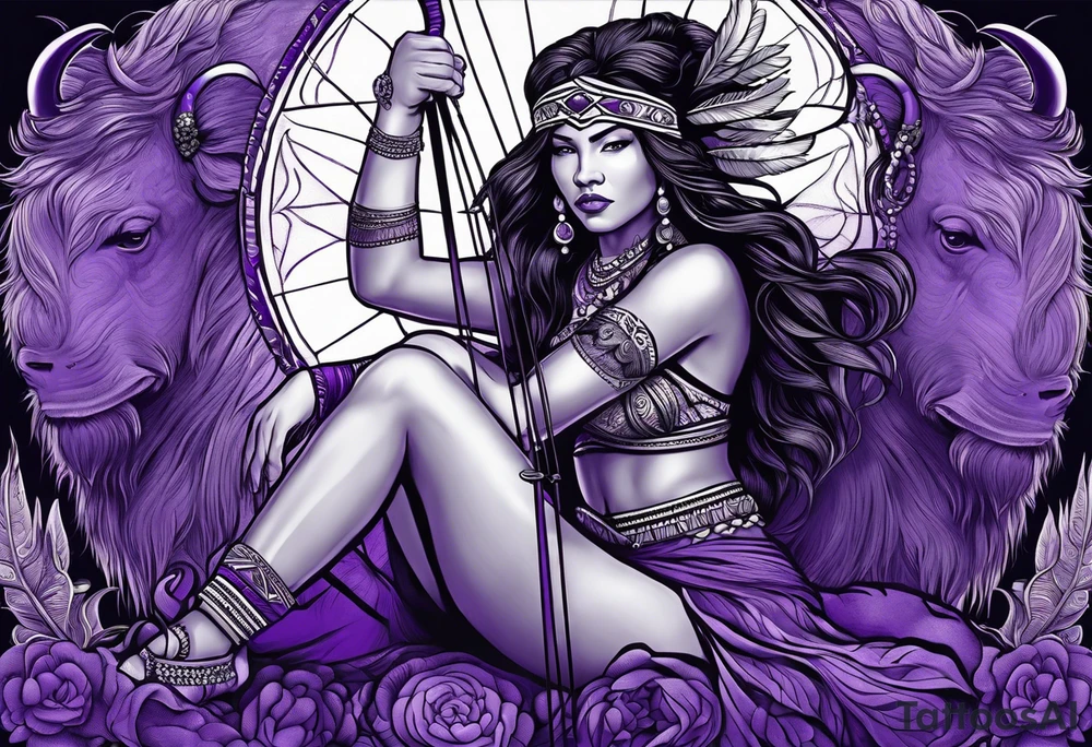 native woman female archer with bead headband sitting on a purple buffalo, show the buffalo standing still tattoo idea