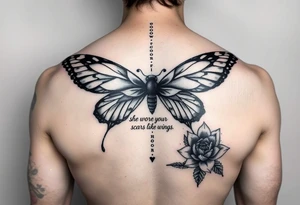 butterfly with cracked wings and lotus flower with quote that says “she wore her scars like wings” all down spine but very elegant towards lower back and small tattoo idea