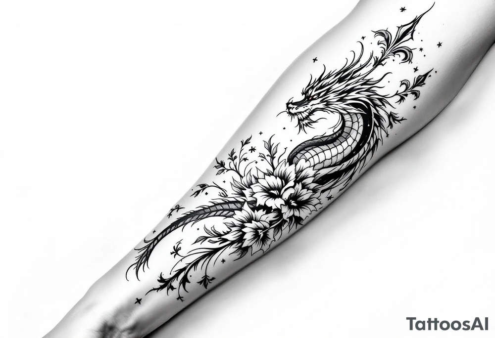 un dragon central entouré de fleurs de lys tattoo idea