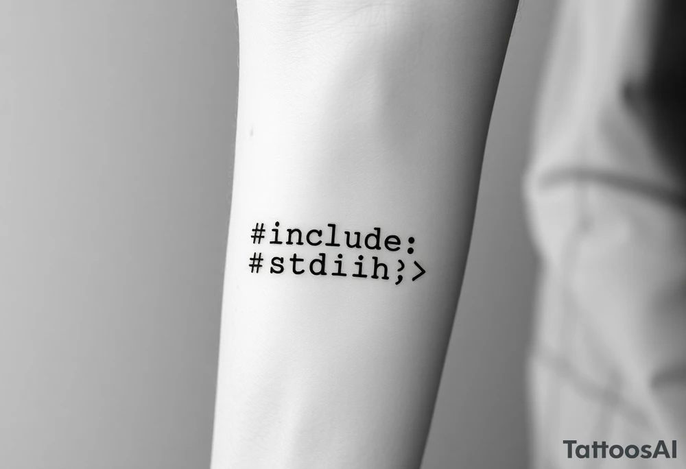 Minimalist black tattoo of the text "#include <stdio.h>" on a human wrist. Clean monospace font (programming style), thin lines, sharp and precise lettering. No colors, only solid black ink. Realistic skin texture, natural wrist curvature, subtle lighting. Simple and elegant composition, no additional elements or decorations. Focus on clarity and readability of the code text. tattoo idea