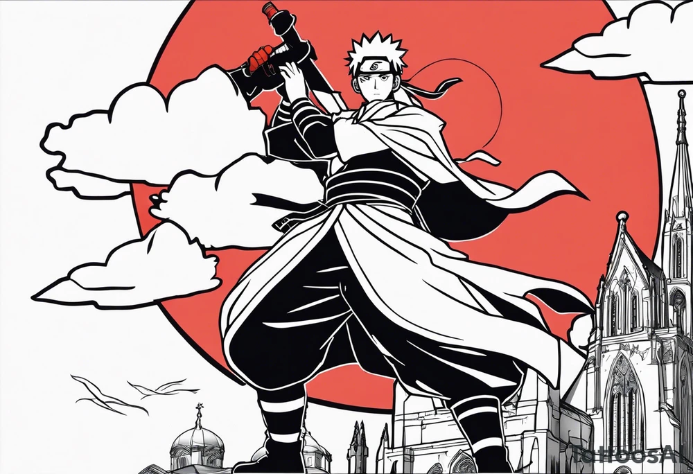 I want a sleeve with Naruto red clouds throughout the design , Naruto / sauske, Atl skyline ,
Jamaica coat of arms or flag , football and captain C , Duke chapel tattoo idea