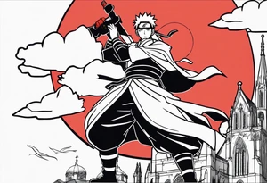 I want a sleeve with Naruto red clouds throughout the design , Naruto / sauske, Atl skyline ,
Jamaica coat of arms or flag , football and captain C , Duke chapel tattoo idea