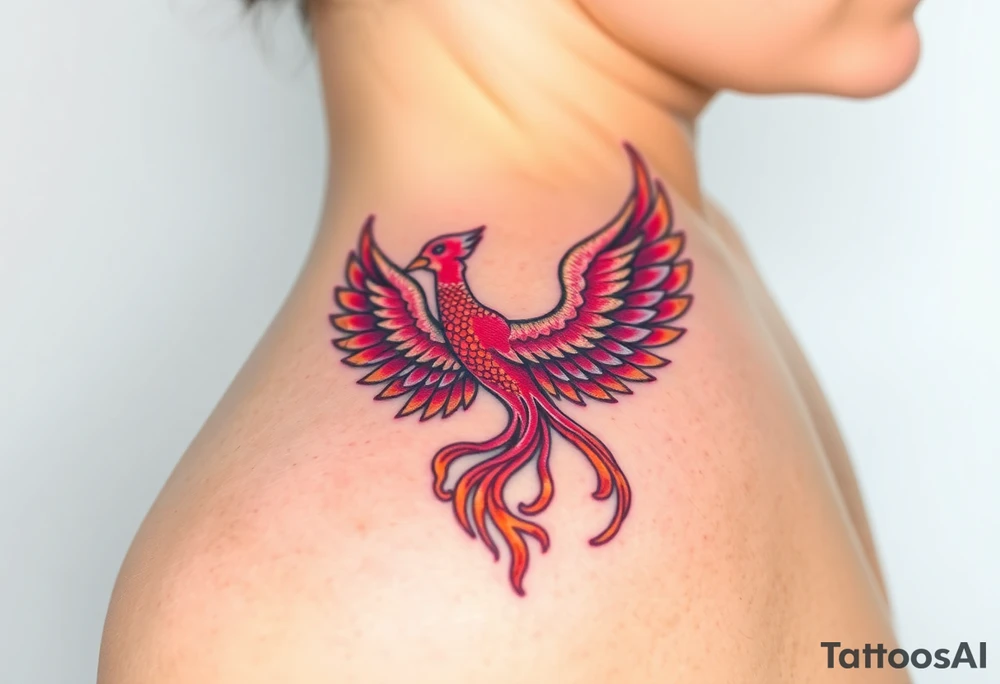 Square, phoenix rising from fire with both wings opened, colors red, pink, orange and purple. tattoo idea