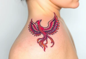 Square, phoenix rising from fire with both wings opened, colors red, pink, orange and purple. tattoo idea