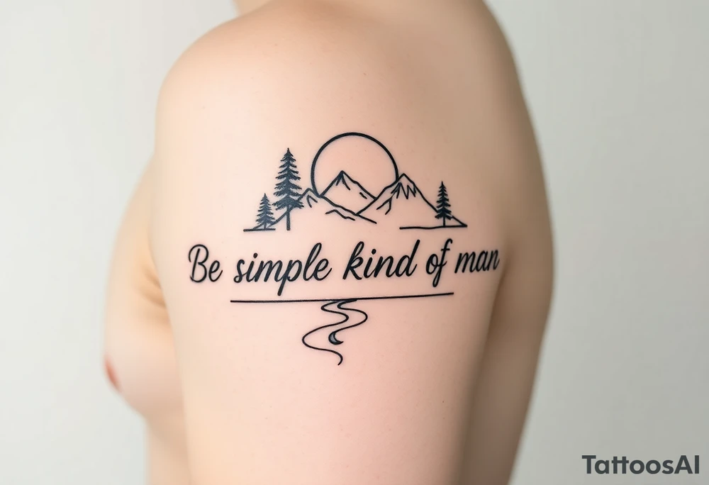 A minimalist tattoo with the words ‘Be a Simple Kind of Man’ in handwritten script, framed by pine trees, mountains, and a rising sun, a river, and moon
Fine line blackwork for the forearm tattoo idea