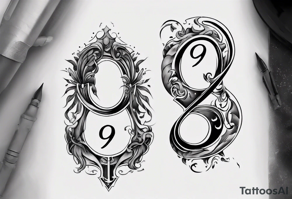 number 9 right side up and upside down connected tattoo black and grey on inside forearm 9:16 aspect ratio tattoo idea