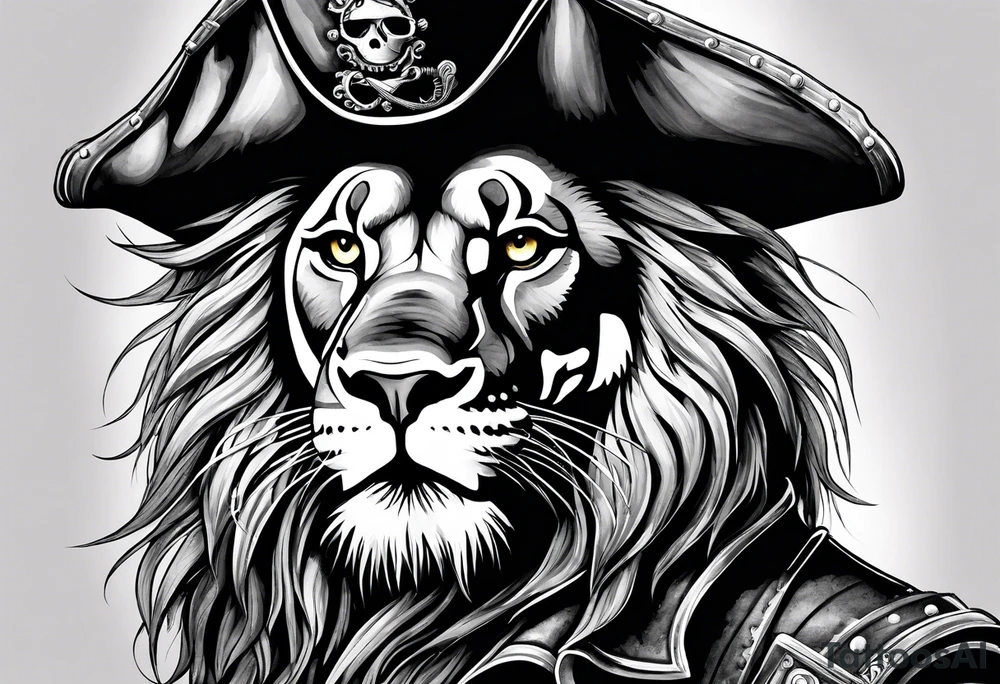 Pirate lion wearing jacket, sword and pistol, nautical steampunk theme. dreadlocks. tattoo idea