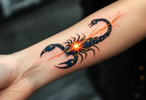 The celestial scorpion creeps across the night in streaks of golden scorpio star constellation lit by Antares’ burning red flame tattoo idea