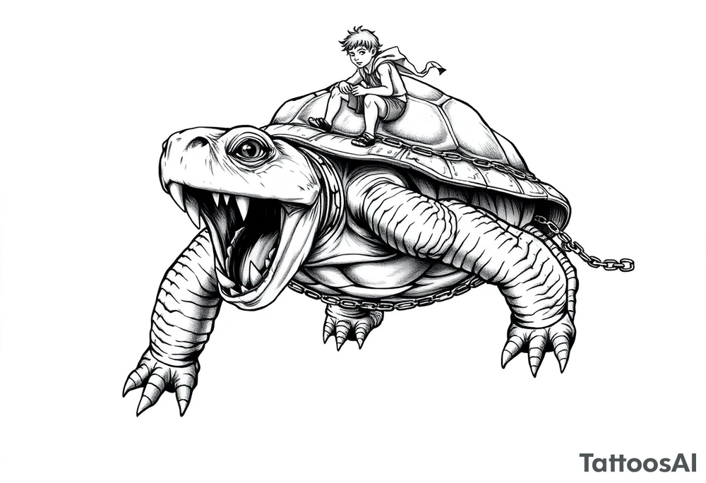 slaves on a chain leash and chains on the back legs of an angry turtle with huge teeth with a little man riding on his back tattoo idea