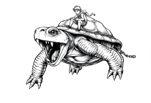 slaves on a chain leash and chains on the back legs of an angry turtle with huge teeth with a little man riding on his back tattoo idea