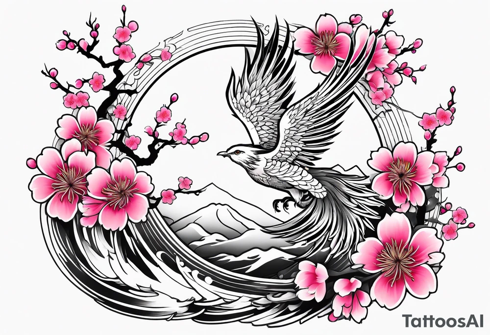 traditional Japanese phoenix and pink cherry blossoms blank background no clipped edges tattoo idea
