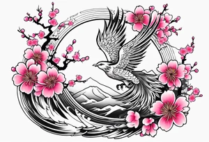 traditional Japanese phoenix and pink cherry blossoms blank background no clipped edges tattoo idea