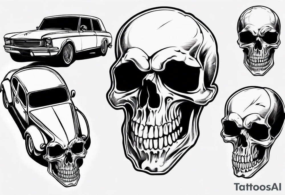 Skull on hood of car tattoo idea