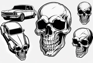 Skull on hood of car tattoo idea