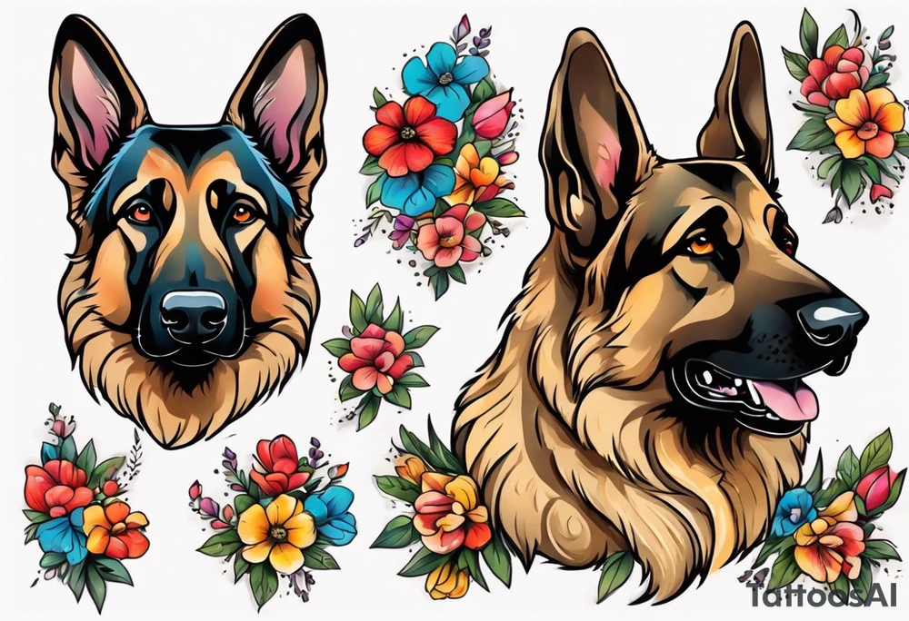 Sable coat German shepherd portrait brightly colored with flowers tattoo idea