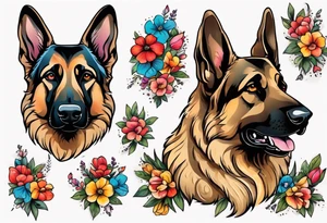 Sable coat German shepherd portrait brightly colored with flowers tattoo idea