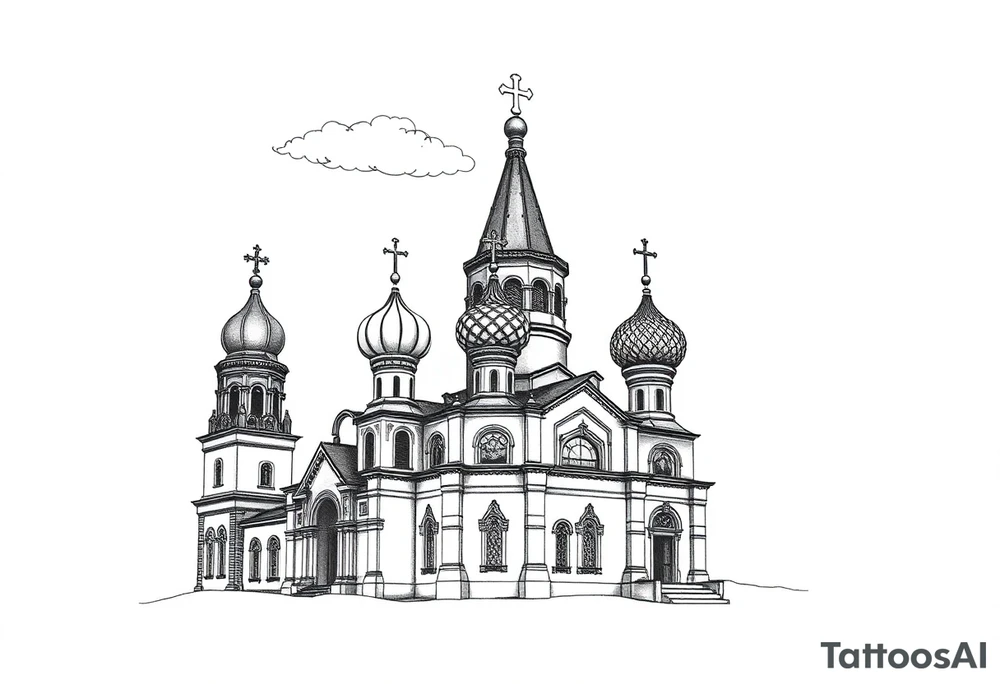 highly detailed Russian Orthodox cathedral with onion domes and orthodox crosses, done in fine line, engraving-like style. Cohesive composition, black ink only, no color, high contrast, slightly aged, documentary-style, plain light background. with clouds above it and a virgin mary over looking tattoo idea
