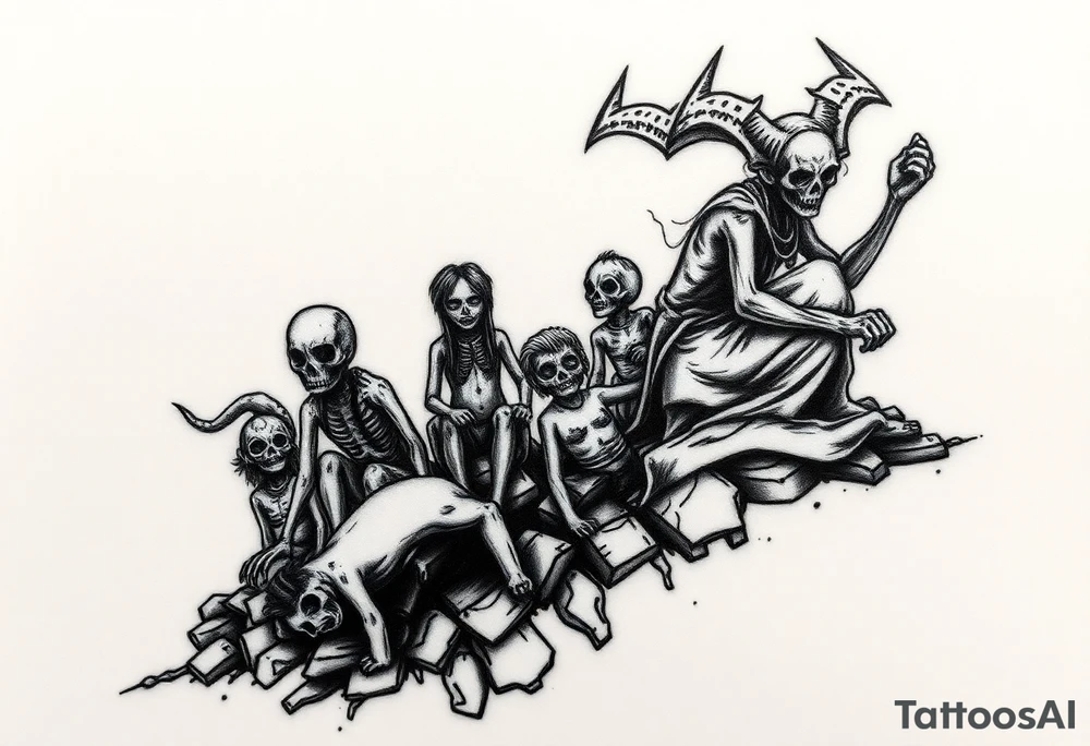 Mexican zombie outbreak on  island of the dolls wile satan watches from a distance tattoo idea