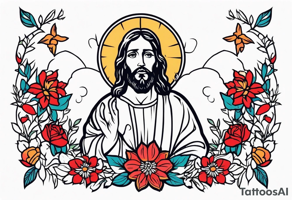 jesus
old school vintage simple traditional design with vintage flowers surrounding
bold color simple tattoo idea