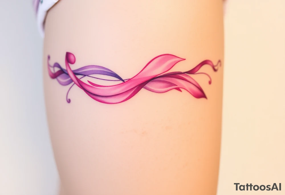 garter tattoo with flowing ribbons in shades of pink and purple tattoo idea