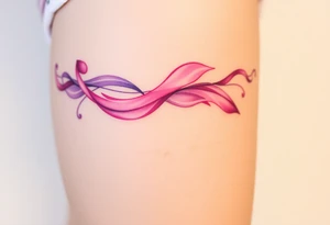 garter tattoo with flowing ribbons in shades of pink and purple tattoo idea