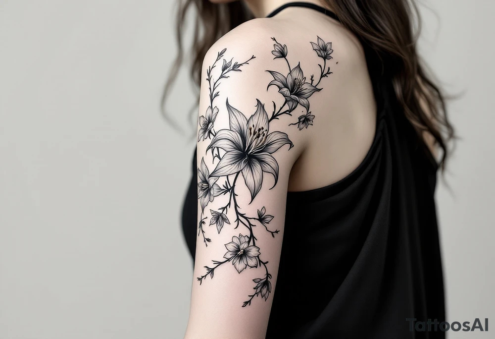 the flower spider lily from demon slayer and add cherry blossoms wrapped around upper arm tattoo idea