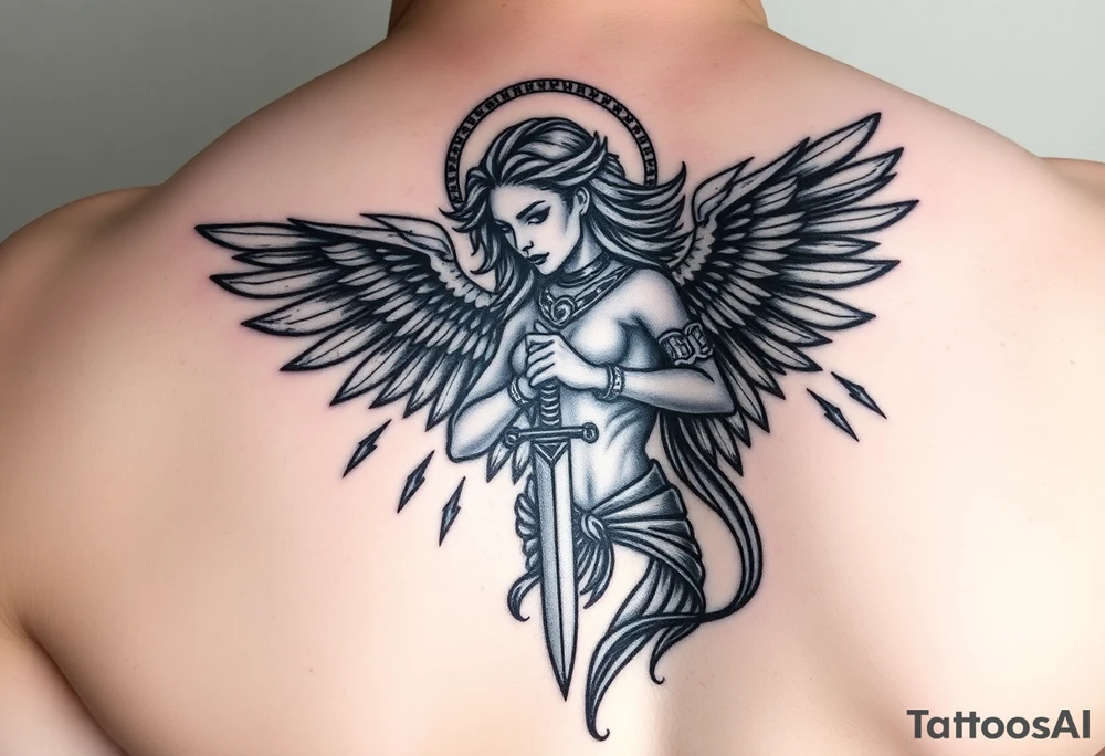 Fierce Female Angel warrior with dagger and lighting bolts going around body Greek mythology style with dark shading tattoo idea
