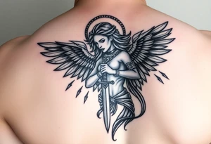 Fierce Female Angel warrior with dagger and lighting bolts going around body Greek mythology style with dark shading tattoo idea
