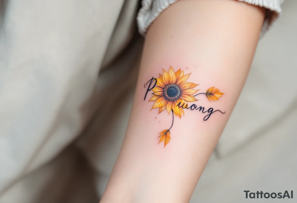 Word "Phuong" written with sunflower tattoo idea