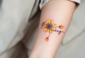 Word "Phuong" written with sunflower tattoo idea