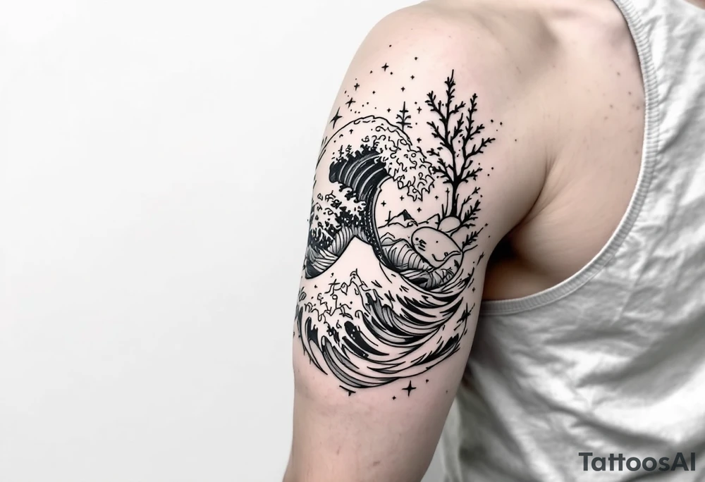 Fine line powerful ocean half sleeve with a wave, a whale and other elements with some shading tattoo idea Fine line powerful ocean half sleeve with a wave, a whale and other elements with some shading tattoo idea