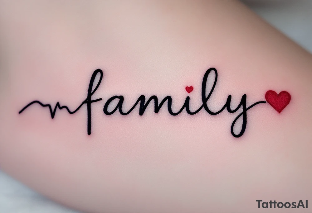 A heartbeat line forming the word family in black, with a small red heart at the center. tattoo idea