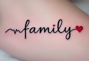 A heartbeat line forming the word family in black, with a small red heart at the center. tattoo idea
