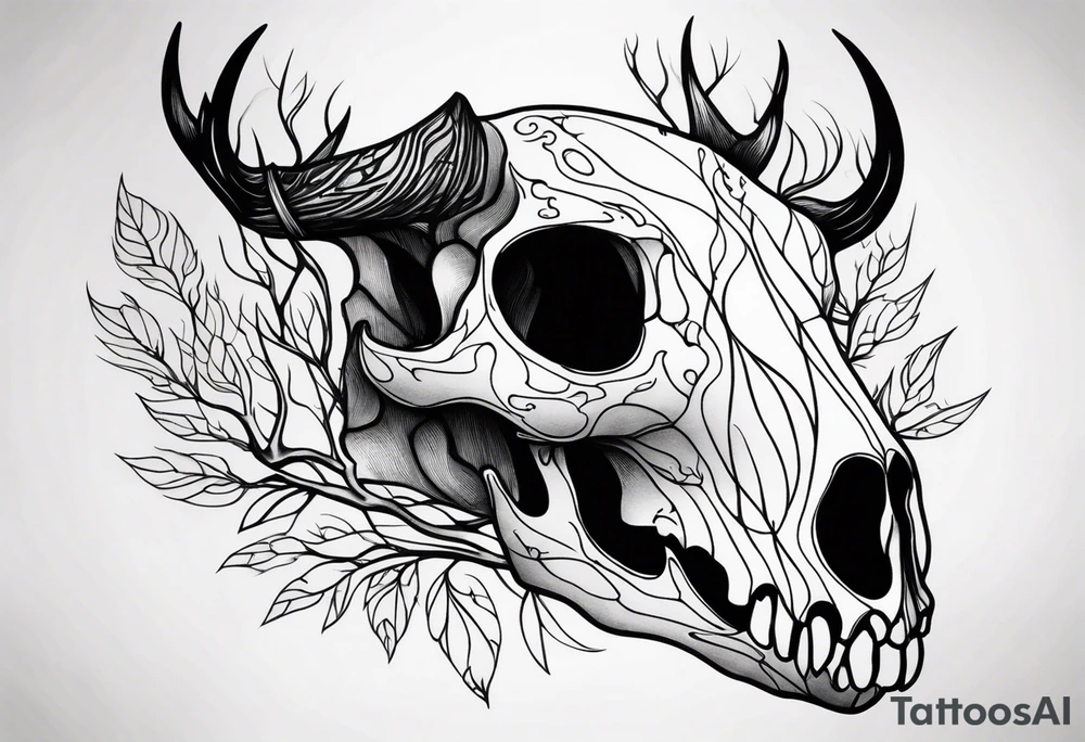 side photo of a deer skull JUST BONE surrounded by a flames and trees tattoo idea