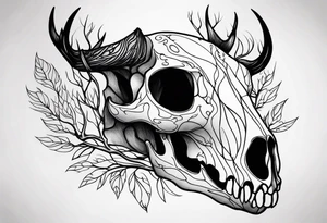 side photo of a deer skull JUST BONE surrounded by a flames and trees tattoo idea