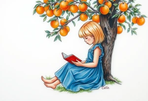 A blond little girl wearing a blue dress sitting under a orange tree while reading a book.


. tattoo idea