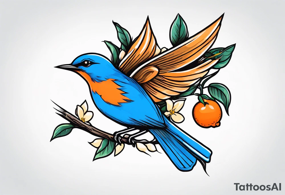 flying bluebird holding orange blossom branch tattoo idea