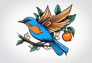 flying bluebird holding orange blossom branch tattoo idea