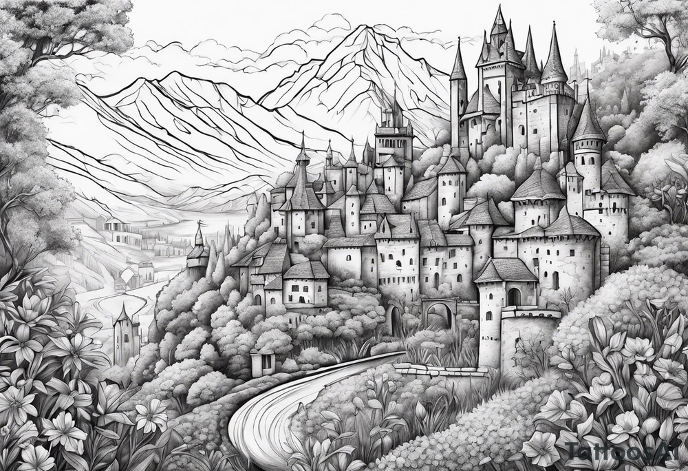 medieval tribal city 
floral  land  vignette tattoo idea