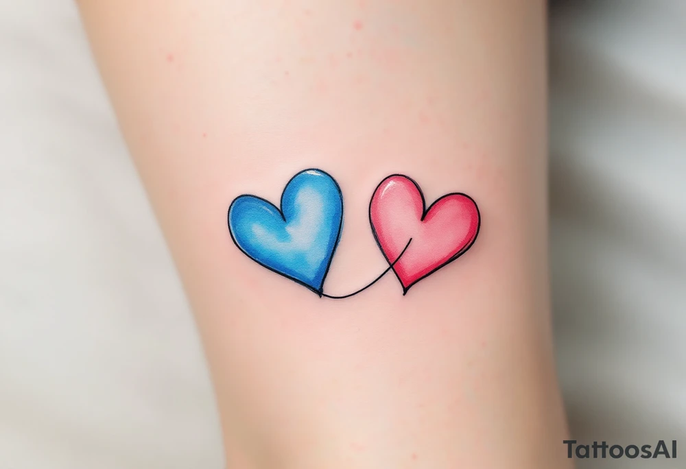 Two watercolor-style hearts—one blue, one pink—connected by a delicate black line across the ankles. tattoo idea