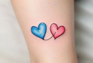 Two watercolor-style hearts—one blue, one pink—connected by a delicate black line across the ankles. tattoo idea