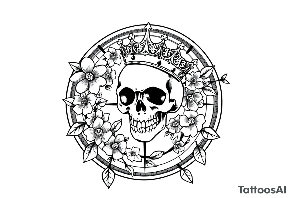 Compass with detailed beautiful gothic boho flowers on vine and skull with gorgeous crown tattoo idea