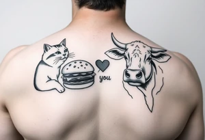 A cat saying I love you cheeseburger and a cow saying I love you king pao chicken tattoo idea
