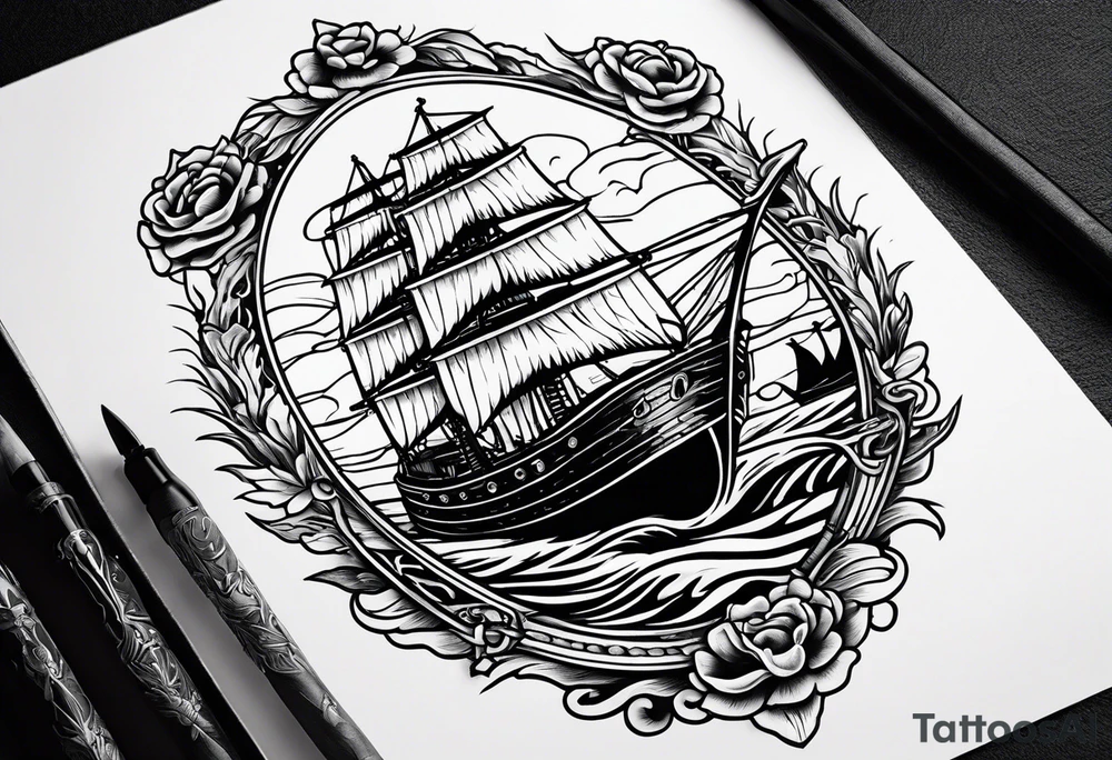 A American traditional tattoo style ship sinking with a mermaid on the right holding a rope and the mermaid on the left holding a dagger tattoo idea
