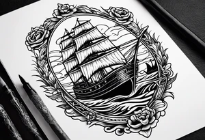 A American traditional tattoo style ship sinking with a mermaid on the right holding a rope and the mermaid on the left holding a dagger tattoo idea