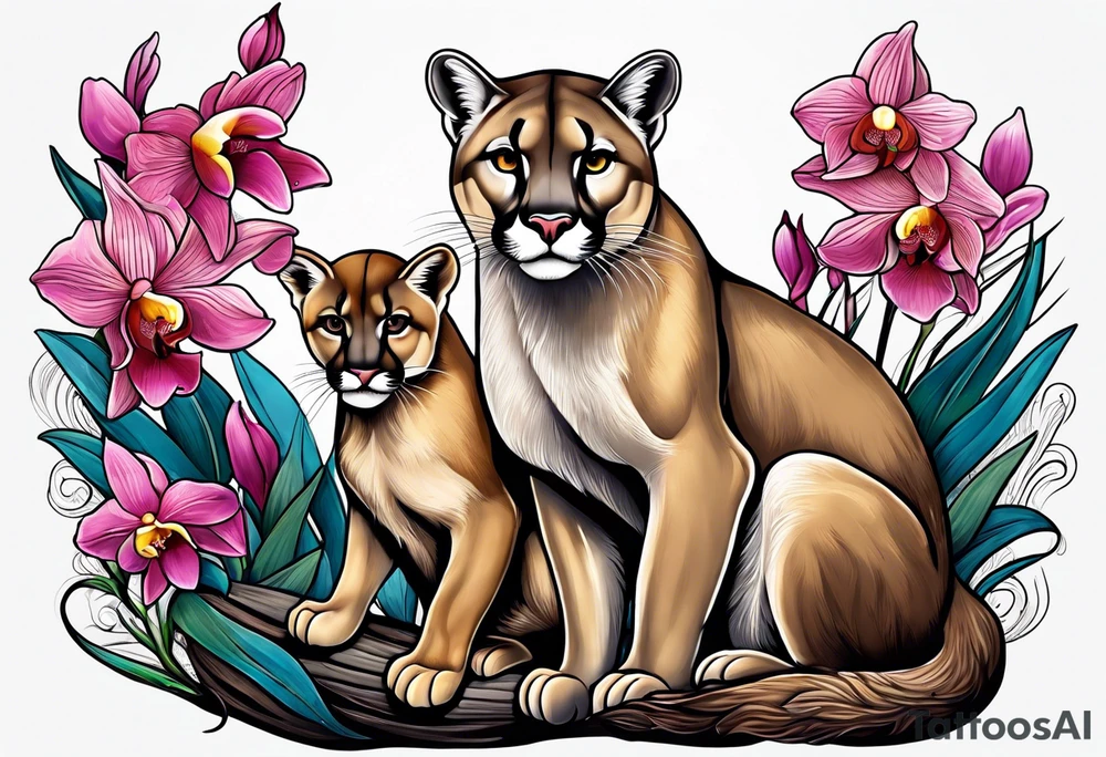 Mother mountain lion, otter and flicker bird, orchids, tattoo idea