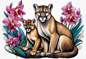 Mother mountain lion, otter and flicker bird, orchids, tattoo idea