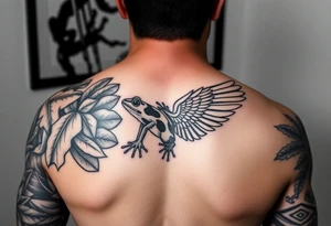 Full Sleeve tattoo including details of jungle leaves, Taino frog , Puerto Rican tribal patterns, angel wing tattoo idea