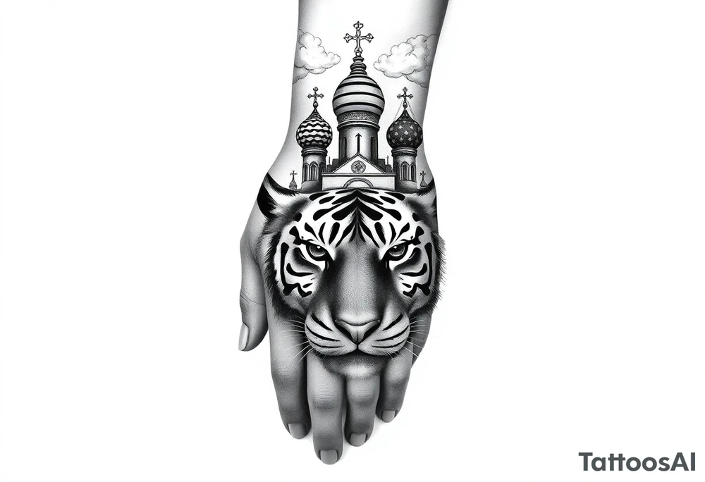Realistic tiger face on the back of the hand with strong contrast and fine detail with its eyes completely black. with a highly detailed Russian Orthodox cathedral sitting above on fore arm with onion domes and orthodox crosses, done in fine line, engraving-like style. Cohesive composition, black ink only, no color, high contrast, slightly aged, documentary-style, plain light background. with clouds above and a virgin mary 
spanning from my hand to lower fore arm tattoo idea